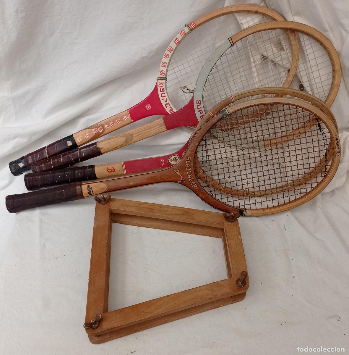 raquetas de tenis, lote de 4 + tensor de madera