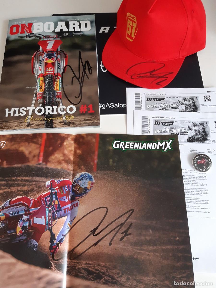 Sports collectibles: MX GP JORGE PRADO LOTE GORRA A ESTRENAR REVISTA POSTER FIRMADOS ORIGINAL MAS CHAPA MOTOCROSS