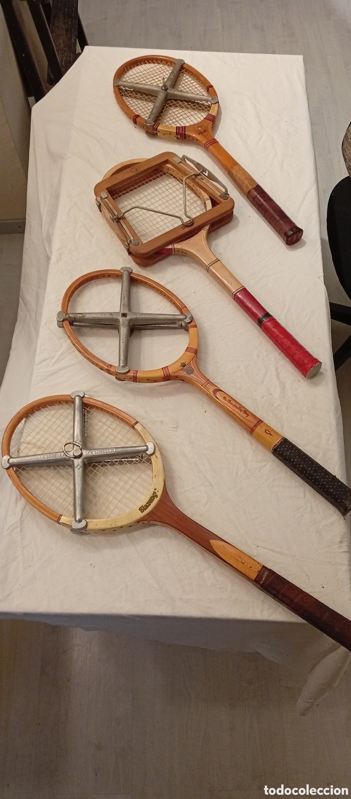 Coleccionismo deportivo: Colecci&oacute;n 4 Raquetas de Tenis Vintage: Dunlop, Slazenger y Snauwaert - Con Prensas Originales