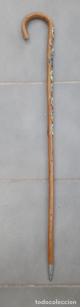 Coleccionismo deportivo: baston de senderismo con 8 chapas diversas , 86cm aprox, diametro baston 2.2cm aprox