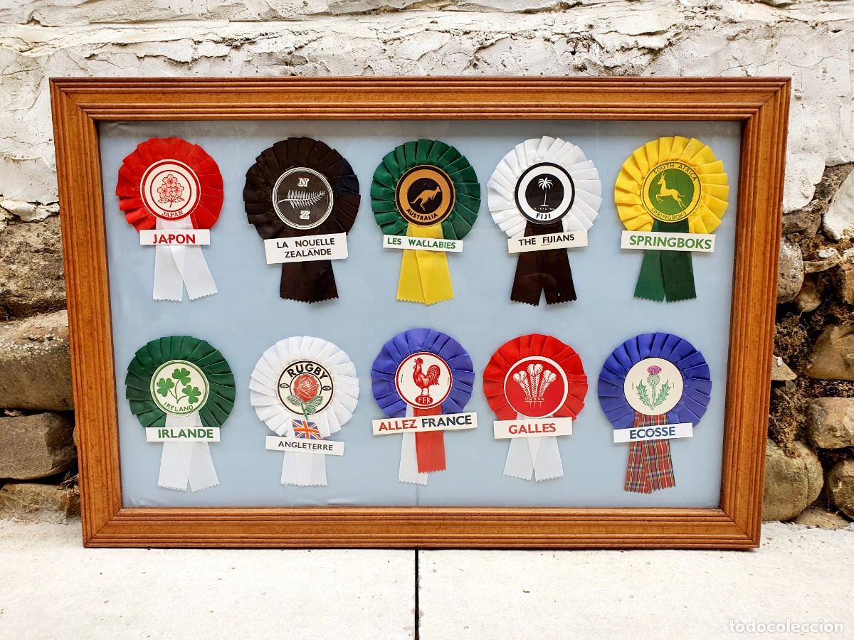 Coleccionismo deportivo: Cuadro colecci&oacute;n escarapelas. Campeonato del mundo de Rugby. 1987.