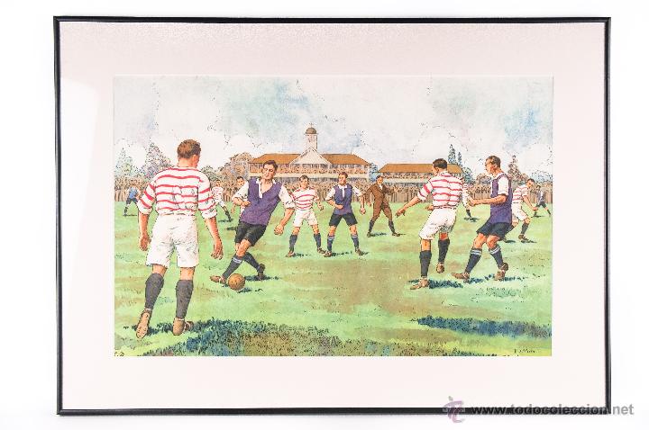 Coleccionismo deportivo: LITOGRAFIA ILUMINADA ENMARCADA, DE FUTBOL, FIRMADO F.S.MAY