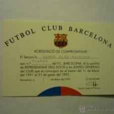 Colecionismo desportivo: TARJETA ACREDITACION COMPROMISARIO FUTBOL C.F.BARCELONA AÑO 1993. Lote 51730811