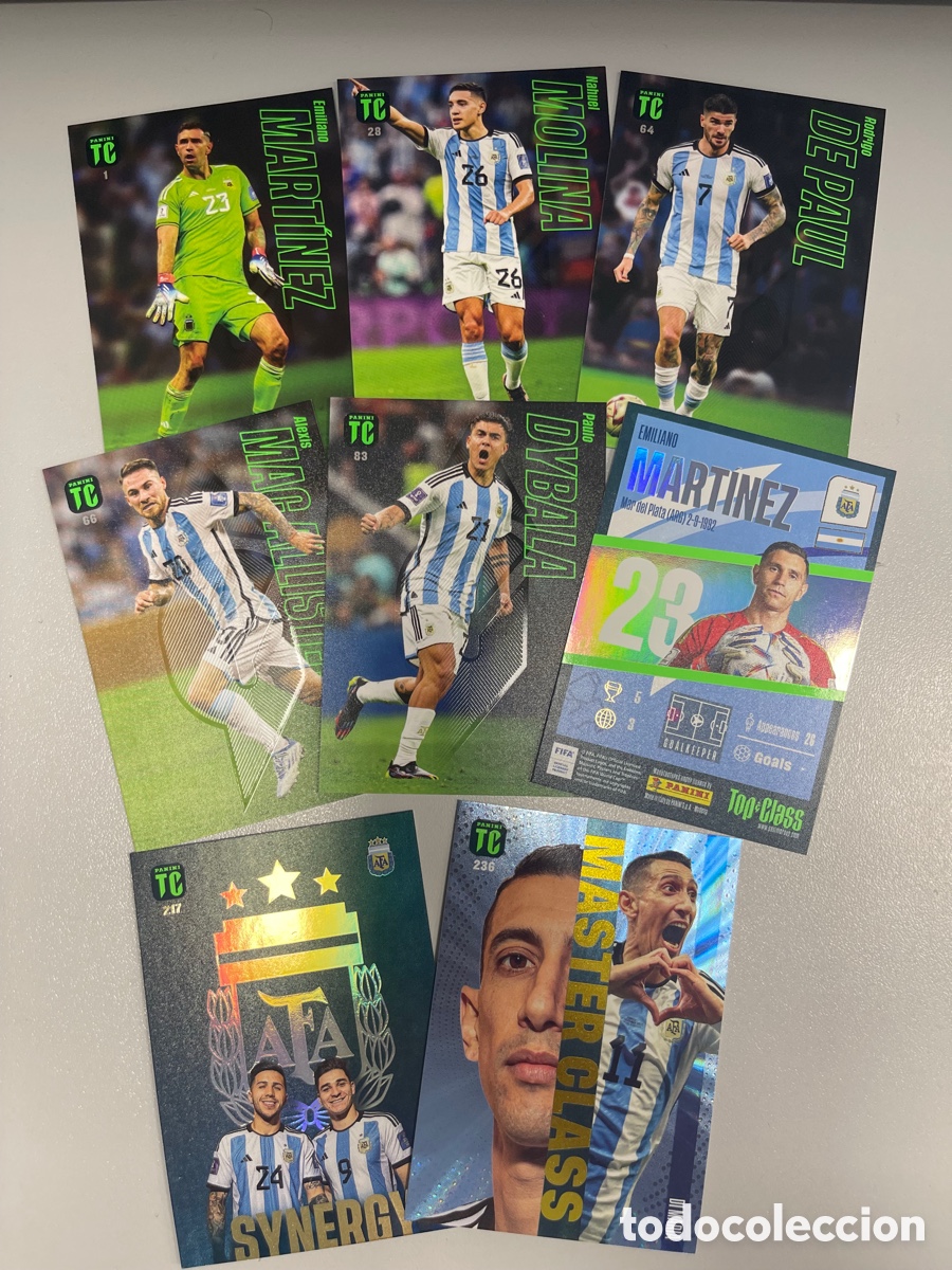 Collectionnisme sportif: Panini Top Class 2023 lote 8 cards Argentina Dibu Mart&iacute;nez Di Mar&iacute;a Julian &Aacute;lvarez Enzo Dybala