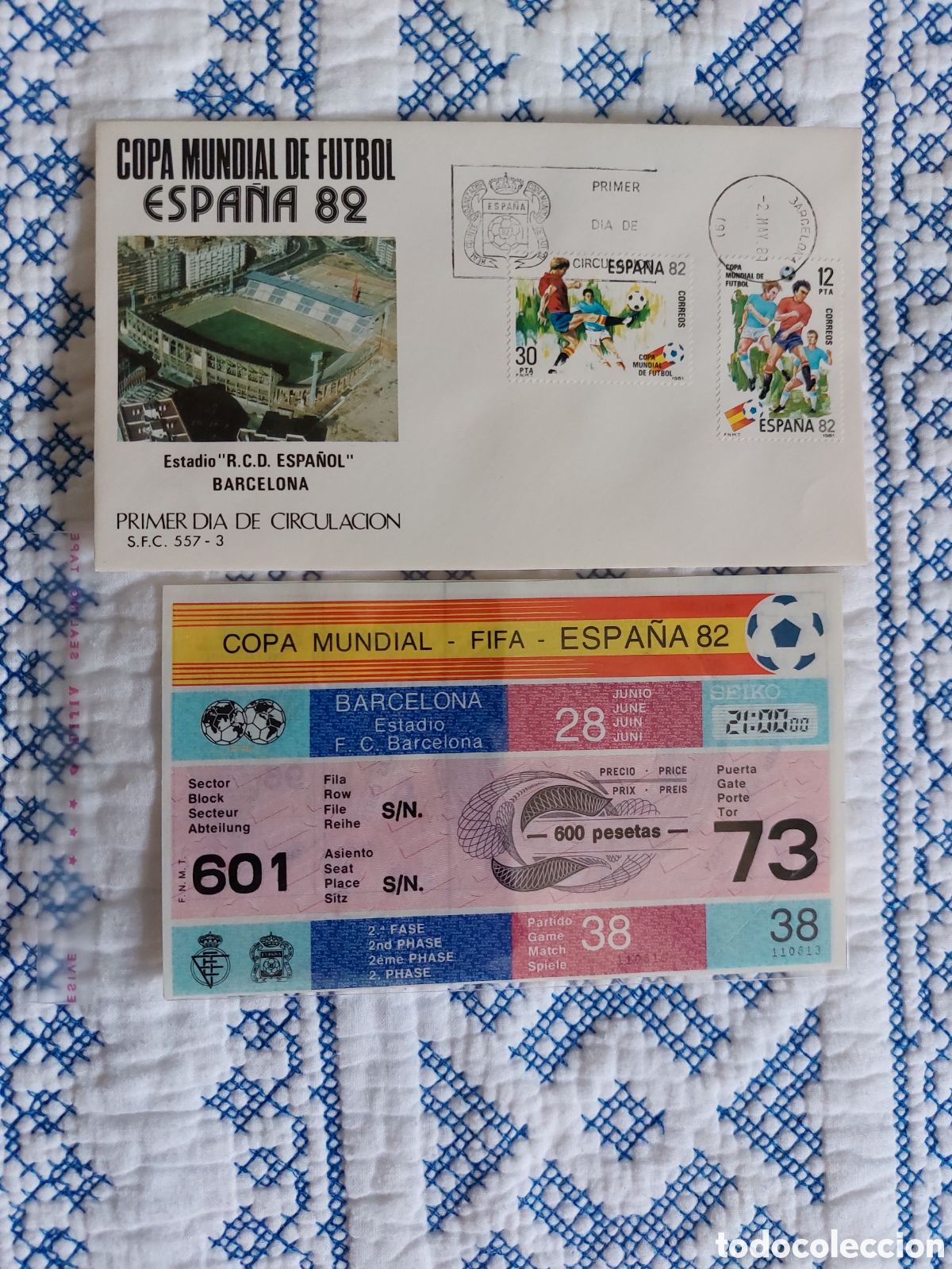 Coleccionismo deportivo: ENTRADA Y SOBRE ESPA&Ntilde;A 82 BARCELONA - Foto 1