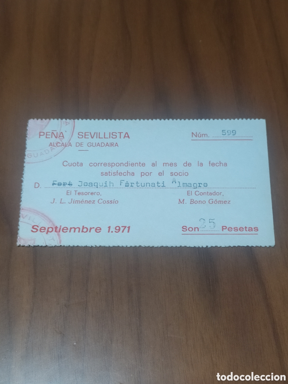 Coleccionismo deportivo: RESGUARDO SOCIO PE&Ntilde;A SEVILLISTA SEPTIEMBRE 1971 SEVILLA FC