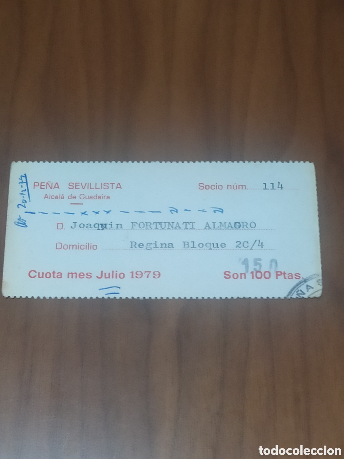 Coleccionismo deportivo: RESGUARDO SOCIO PE&Ntilde;A SEVILLISTA JULIO 1979 SEVILLA FC PINTADO POR AMBOS LADOS