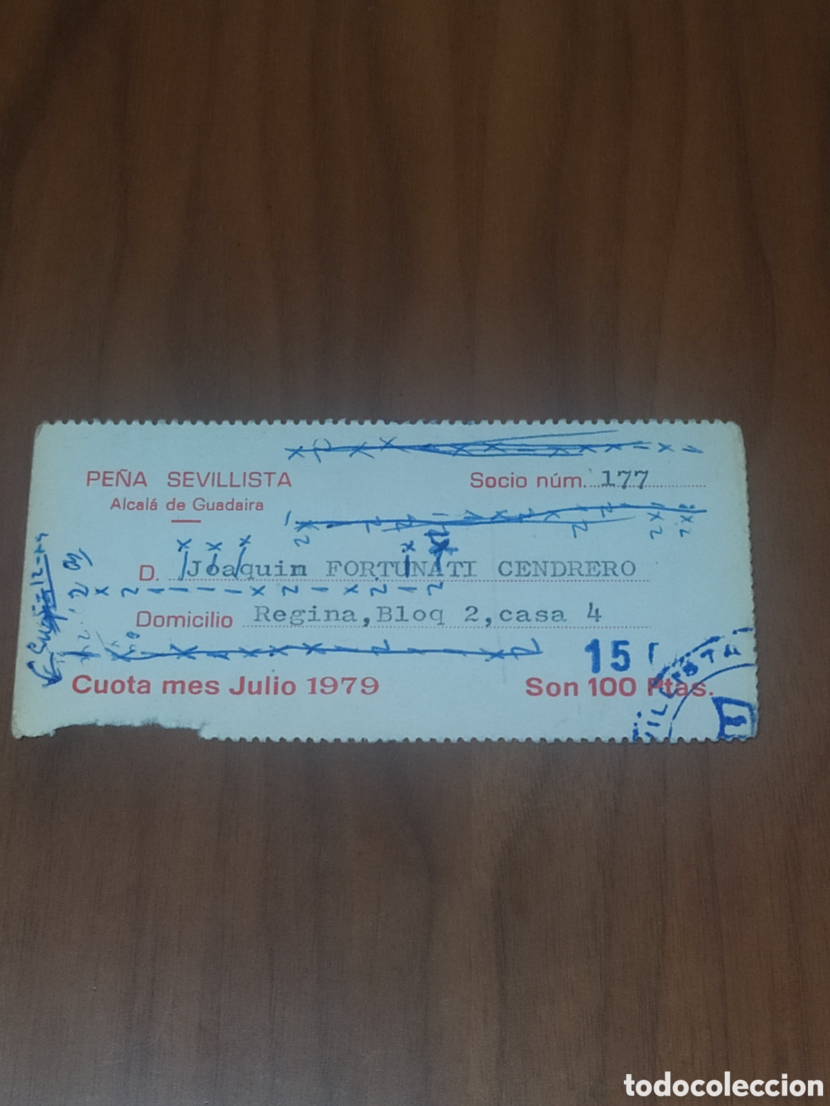 Coleccionismo deportivo: RESGUARDO SOCIO PE&Ntilde;A SEVILLISTA JULIO 1979 SEVILLA FC PINTADO POR AMBOS LADOS