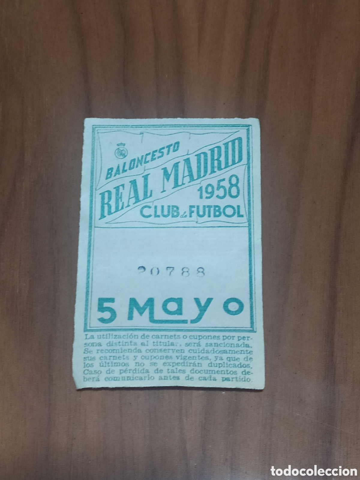 Coleccionismo deportivo: Cup&oacute;n de socio del Real Madrid - Mayo 1958 - Foto 1