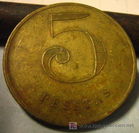Material numism&aacute;tico: Moneda de 5 pts. unifacial, 35 cms de di&aacute;metro, de lat&oacute;n - Foto 1