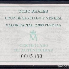 Materiale numismatico: ESPAÑA 1993 - CERTIFICADO PARA LA MONEDA DE 2000 PESETAS DE PLATA CRUZ DE SANTIAGO Y VENERA. Lote 296858583