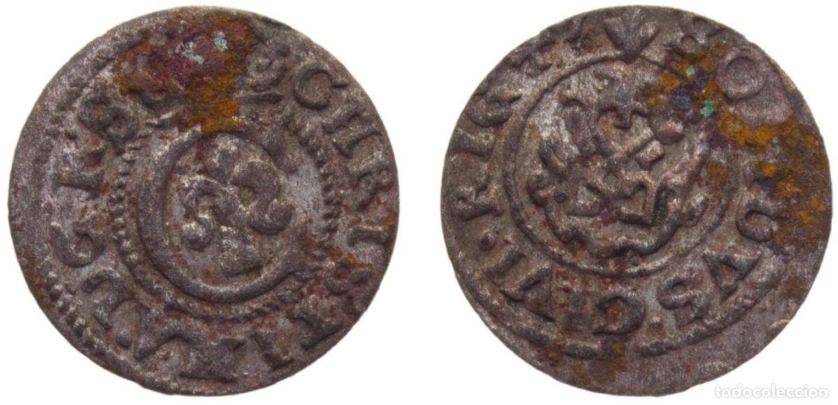 Numismatic Material: Swedish Livonia Possession City of Riga Christina 164? 1 Solidus 0.6g