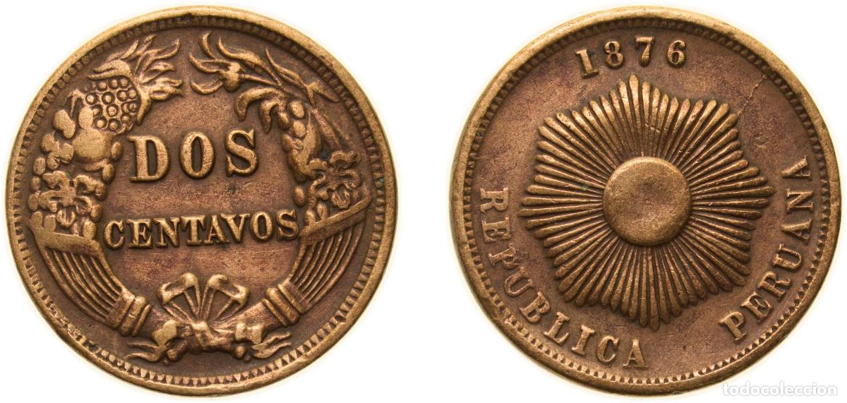 Material numism&aacute;tico: Peru Republic 1876 2 Centavos (copper or bronze) 9.1g XF KM 188.1a