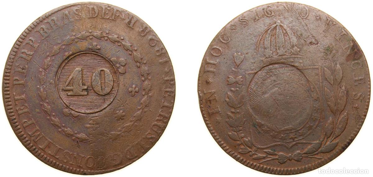 Numismatisches Material: Brazil Empire 1835 R 40 R&eacute;is - Pedro I (Countermarked 80 R&eacute;is, 1828 R) Copper Rio de Janeiro Mint 2
