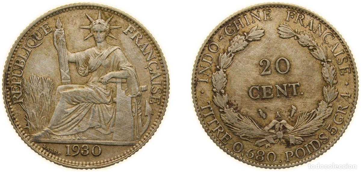 Numismatisches Material: French Indochina French colony 1930 A 20 Centimes Silver (.680) Paris Mint (5576000) 5.4g XF KM 17.
