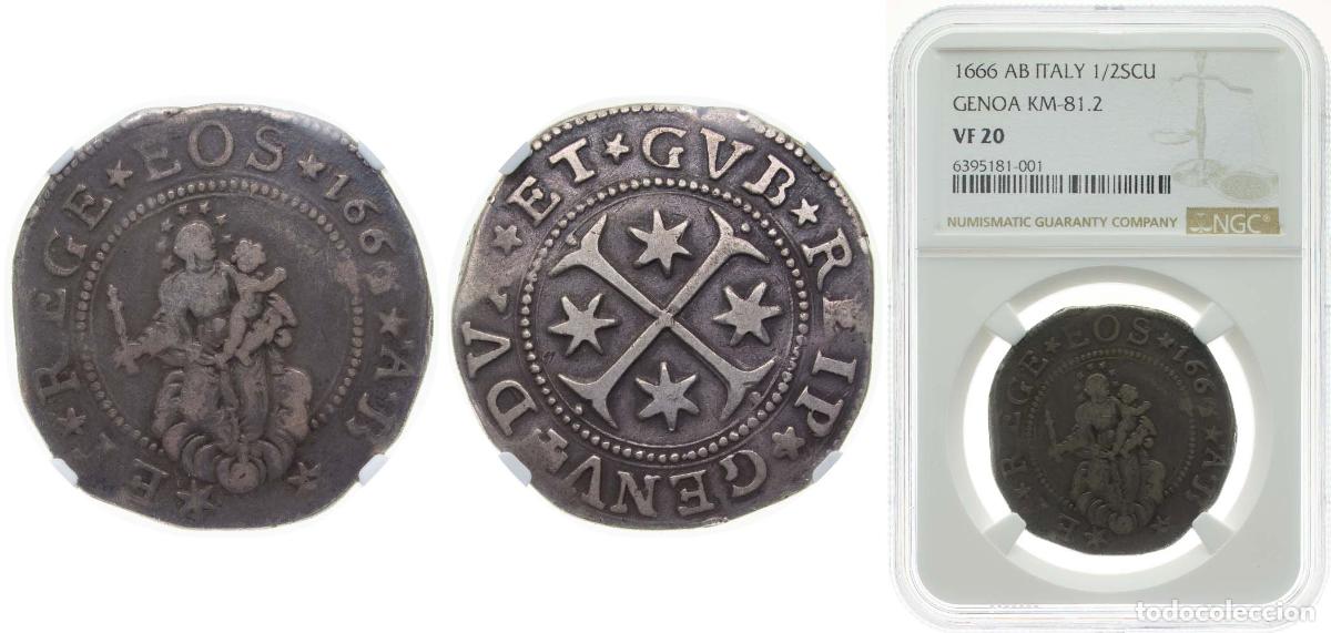 Numismatisches Material: Italy Republic of Genoa Italian states 1666 AB &frac12; Scudo Silver (.888) 18.4g NGC VF 20 Top Pop KM 81.