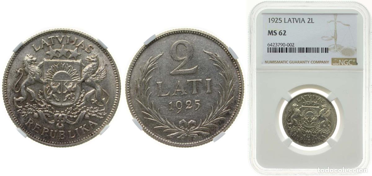 Numismatisches Material: Latvia Republic 1925 2 Lati Silver (.835) Royal Mint (Tower Hill) (6385531) 10g NGC MS 62 KM 8 Sch&ouml;