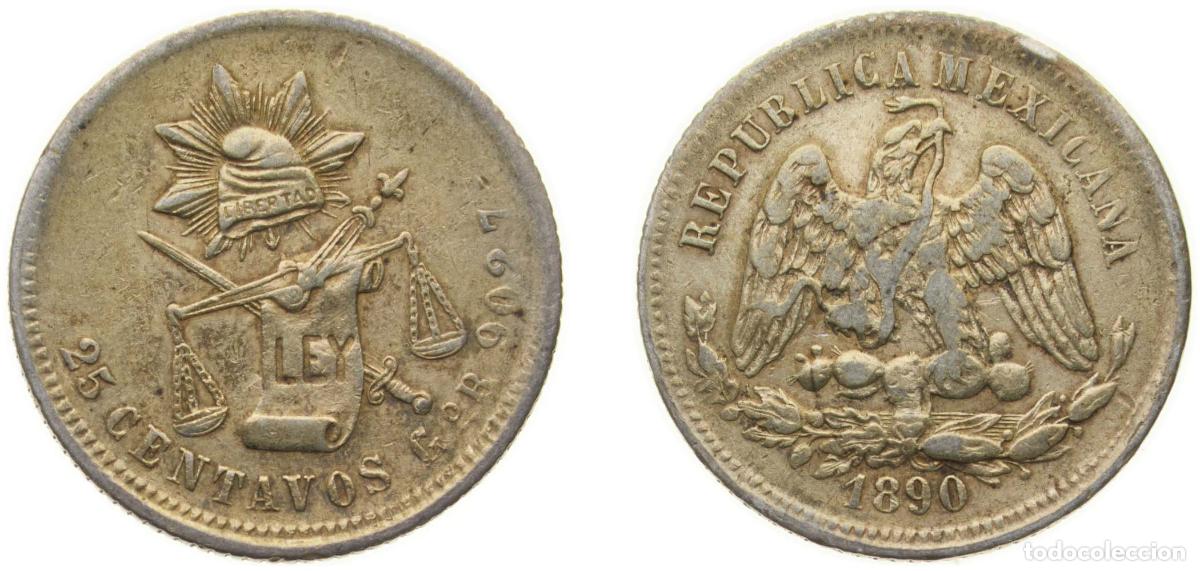 Numismatisches Material: Mexico Federal Republic 1890 Go R 25 Centavos Silver (.903) Guanajuato Mint (236000) 6.75g XF KM 40