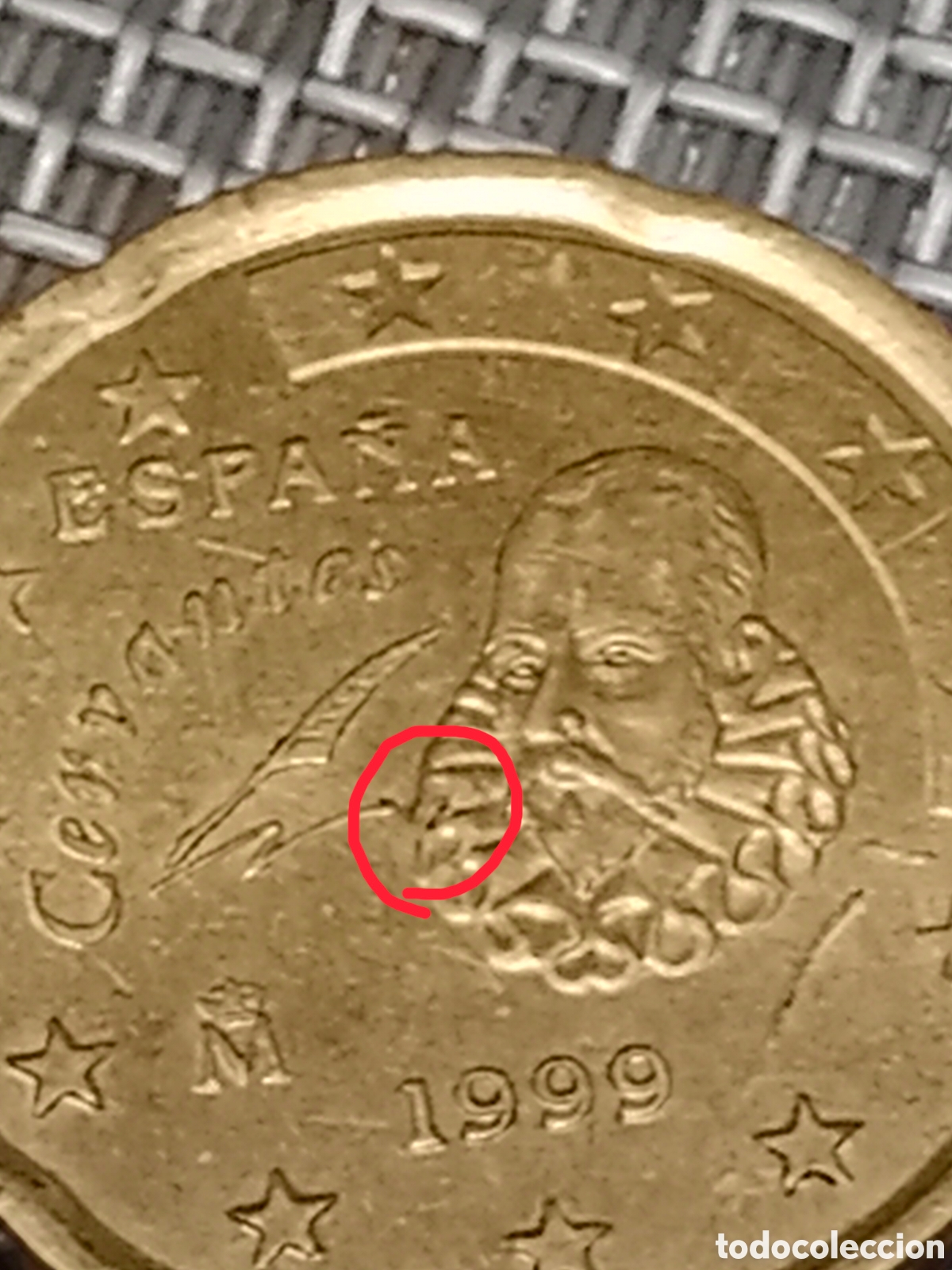 Material numism&aacute;tico: Moneda de 20 c&eacute;ntimos Cervantes 1999 mal Acu&ntilde;ada - Foto 2
