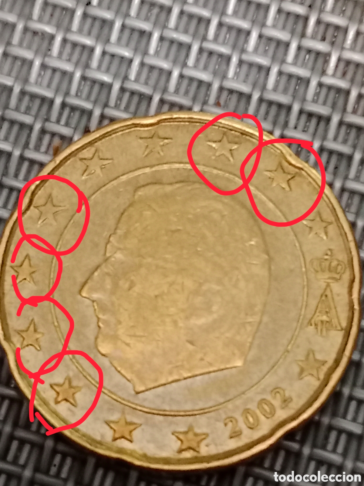Material numism&aacute;tico: Moneda de 20 c&eacute;ntimos B&eacute;lgica 2002 mal las estrellas. - Foto 1