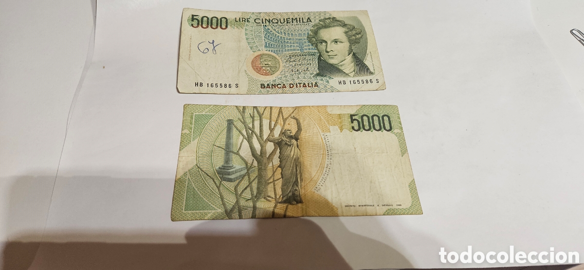 Material numism&aacute;tico: 3 billetes de 5000 liras italianas - Foto 2