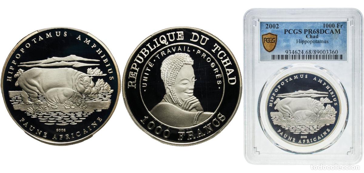 Material numism&aacute;tico: Chad Republic 2002 1000 Francs (Hippopotamus) Silver (.999) 20g PCGS PR 68 Sch&ouml;n 25