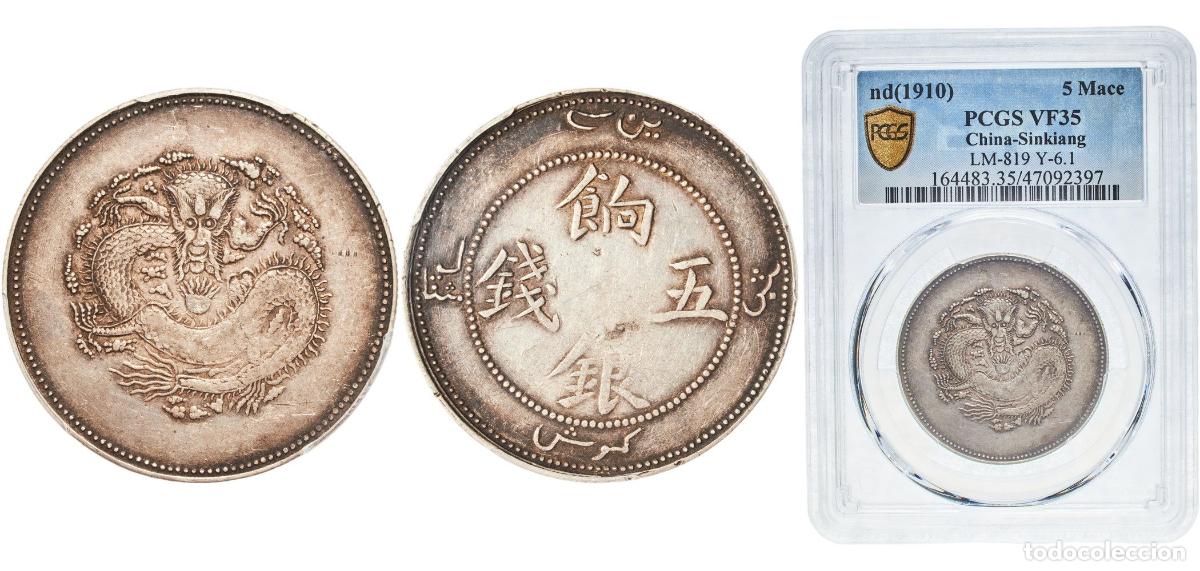 Material numism&aacute;tico: China Sinkiang Province Qing Empire 1910 5 Mace / Mithqual - Guangxu (Ration coinage; with Arabic o