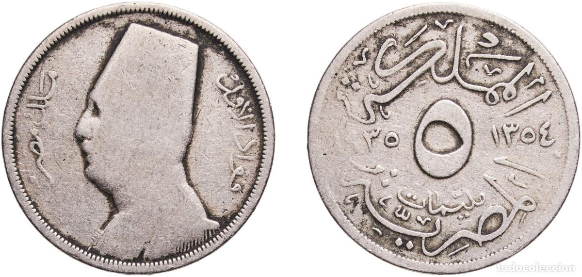 Material numism&aacute;tico: Egypt Arab Republic of Egypt AH1354 (1935) H 5 Milliemes - Fuad (left) Copper-nickel Heaton and Son