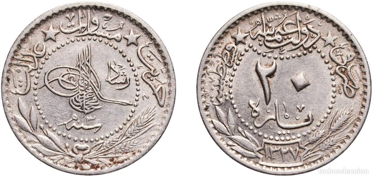 Material numism&aacute;tico: Ottoman Empire AH1327 (1911) ٣ 20 Para - Mehmed V (&rdquo;Reshat&rdquo; right of Toughra) Nickel Konstantiniyye