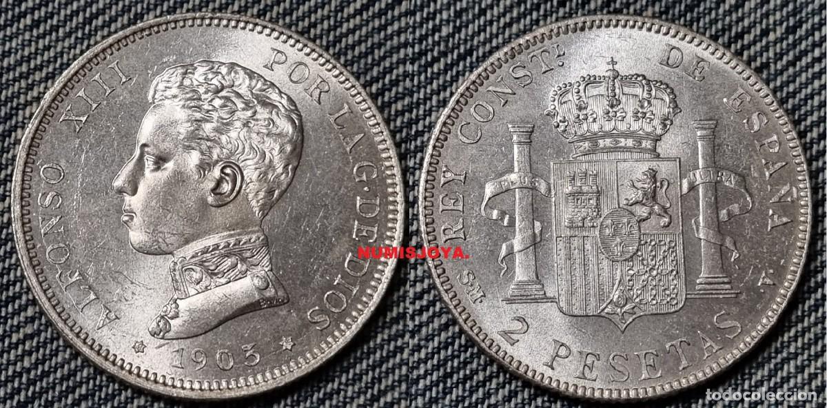 Numismatic Material: 2 pesetas Plata de Alfonso XIII a&ntilde;o 1905*1905. Peso actual 9,99 gr. SIN CIRCULAR BRILLO ORIGINAL.