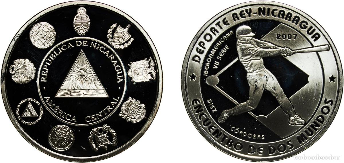 Material numism&aacute;tico: Nicaragua Republic 2007 10 C&oacute;rdobas (Baseball) Silver (.925) Royal Mint of Spain 27g PF KM 107