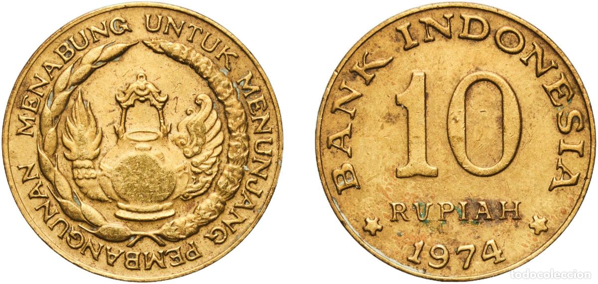 Material numism&aacute;tico: Indonesia Republic 1974 10 Rupiah (FAO) Brass clad steel Perum Peruri Mint (222910000) 4g XF KM 38