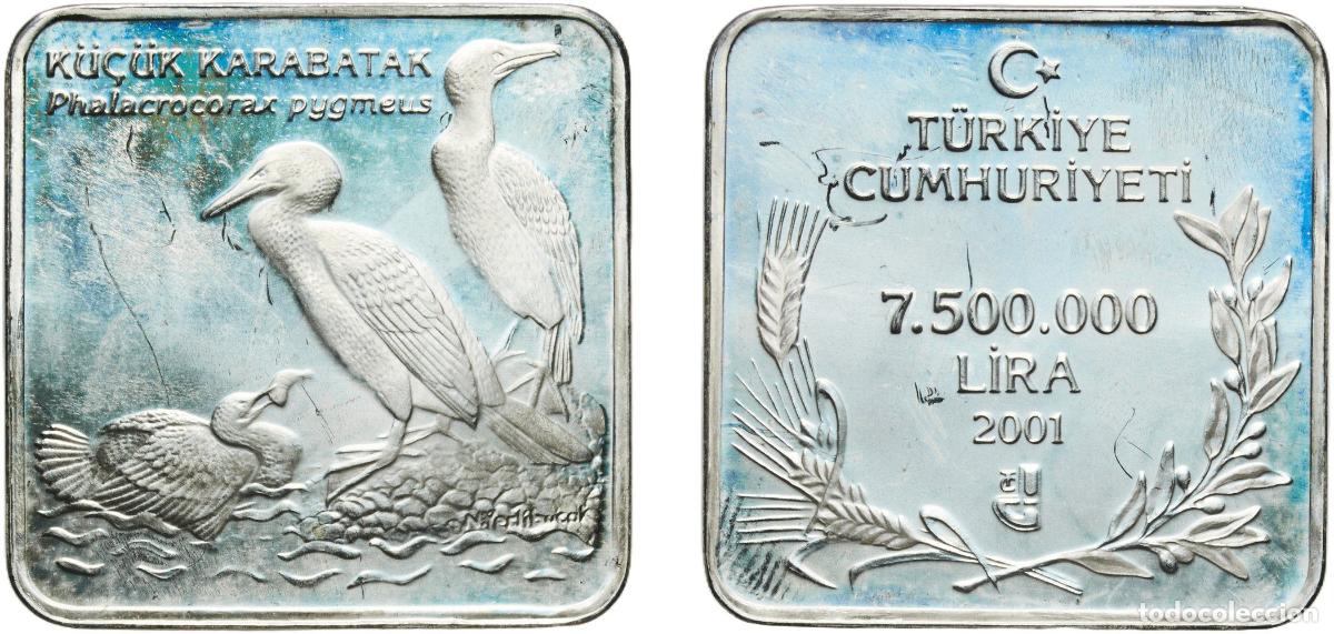 Material numism&aacute;tico: Turkey Republic 2001 7 500 000 Lira (Pygmy cormorant) Silver (.925) Turkish State Mint (482) 15.7g