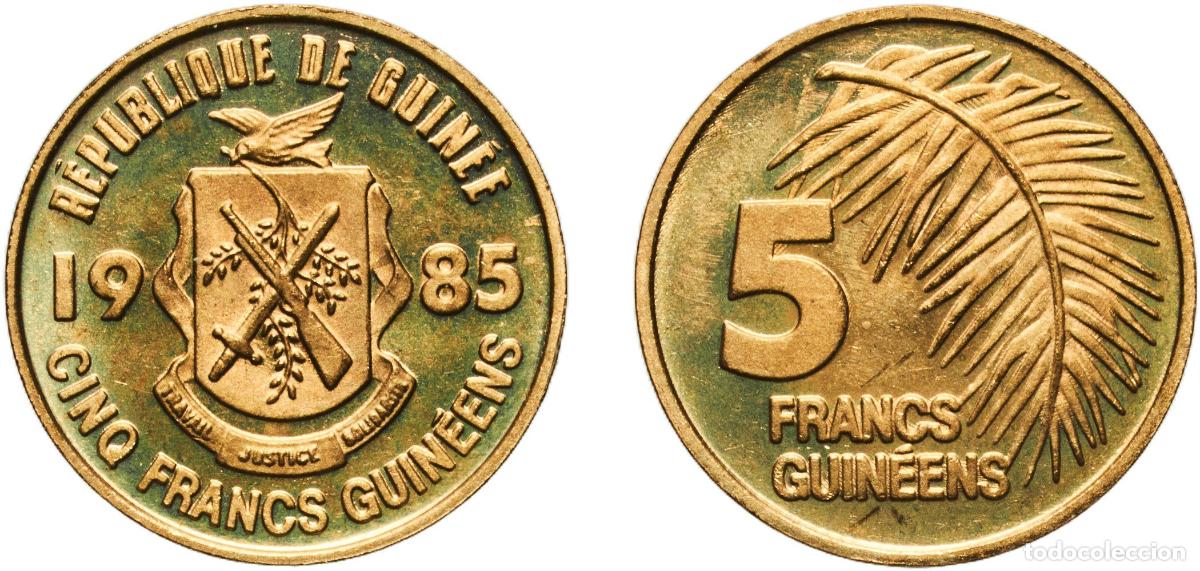 Material numism&aacute;tico: Guinea Republic 1985 5 Francs Guin&eacute;ens Brass clad steel Staatliche M&uuml;nze Baden-W&uuml;rttemberg Mint 2g