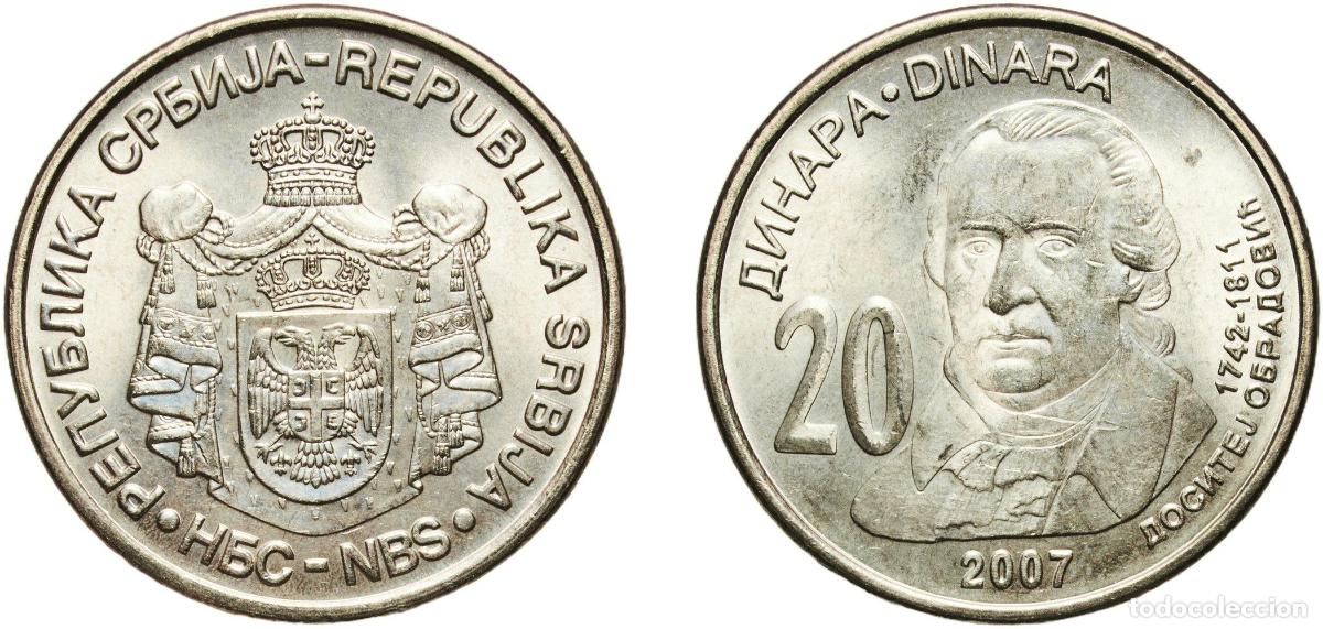 Material numism&aacute;tico: Serbia Republic 2007 20 Dinara (Dositej Obradović) Nickel brass (70% Copper, 12% Nickel, 18% Zinc)