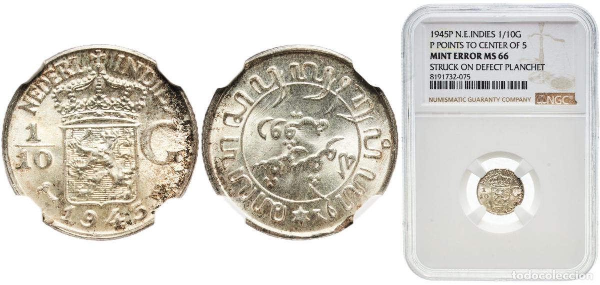 Material numism&aacute;tico: Netherlands East Indies Dutch colony 1945 P ⅒ Gulden - Wilhelmina (Mint Error STRUCK ON DEFECT PLAN