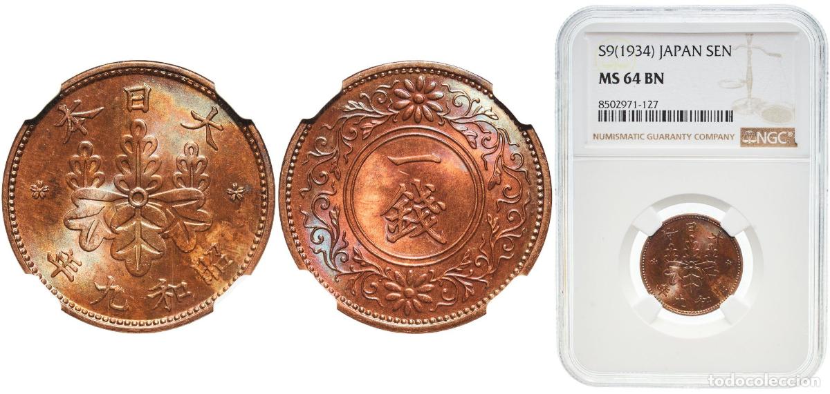 Material numism&aacute;tico: Japan Empire 年九和昭 (1934) 1 Sen - Shōwa Bronze Japan Mint (100004950) 3.75g NGC MS 64 Y 47 JNDA 01-