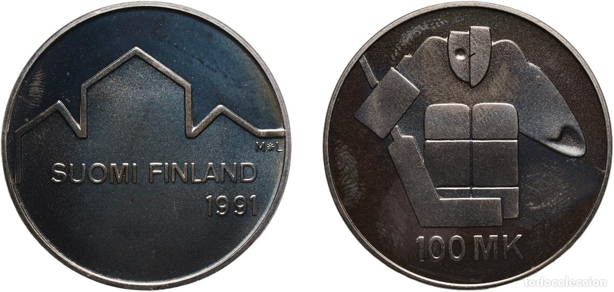 Material numism&aacute;tico: Finland Republic 1991 L 100 Markkaa (World Ice Hockey Championships) Silver (.830) Mint of Finland