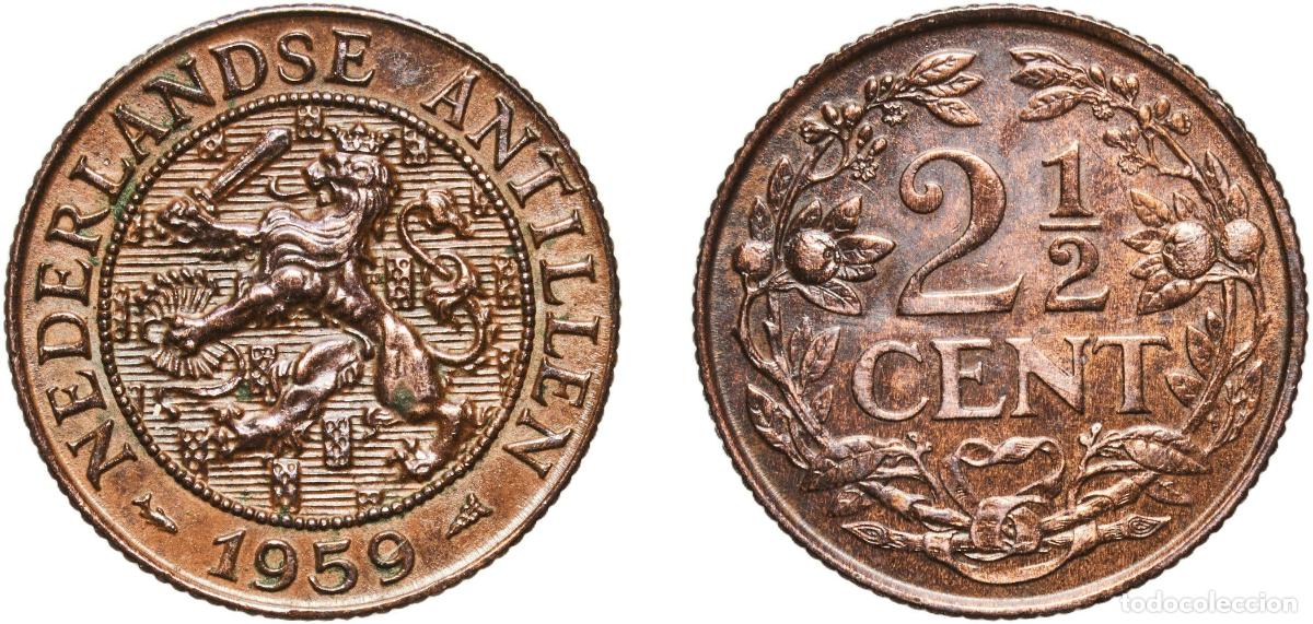 Material numism&aacute;tico: Netherlands Antilles Dutch Colony 1959 2&frac12; Cents Bronze (95% copper, 4% zinc, 1% tin) Utrecht Mint (