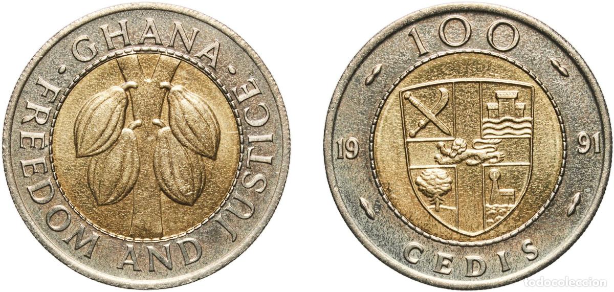 Material numism&aacute;tico: Ghana Republic 1991 100 Cedis Bimetallic: brass centre in copper-nickel ring Royal Mint 6.49g UNC