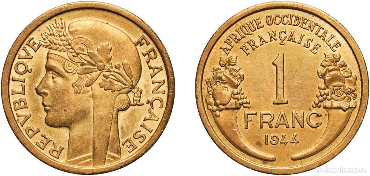 Material numism&aacute;tico: French West Africa French colonies Federation 1944 1 Franc Nickel brass (79% Copper, 20% Zinc, 1% N