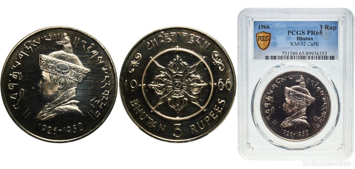 Material numism&aacute;tico: Bhutan Kingdom 1966 3 Rupees - Jigme Dorji (Ascension) Copper-nickel (75% Copper, 25% Nickel) Royal