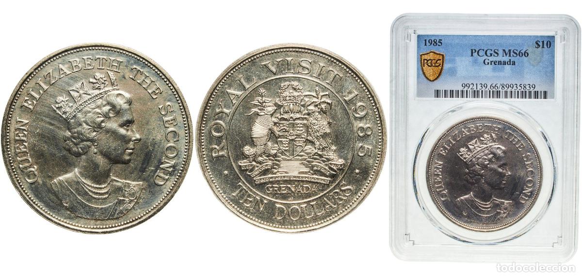 Material numism&aacute;tico: Grenada 1985 10 Dollars - Elizabeth II (Royal Visit) Copper-nickel Royal Mint (Tower Hill) (100000)