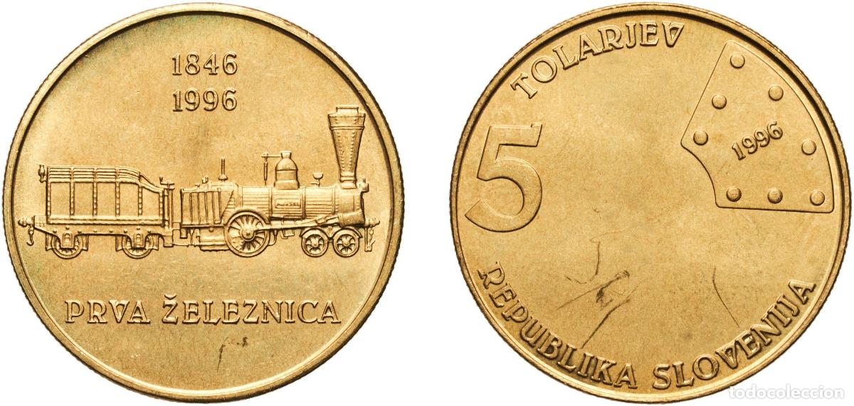Material numism&aacute;tico: Slovenia Republic 1996 5 Tolarjev (First railway in Slovenia) Nickel brass (78% Copper, 20% Zinc, 2