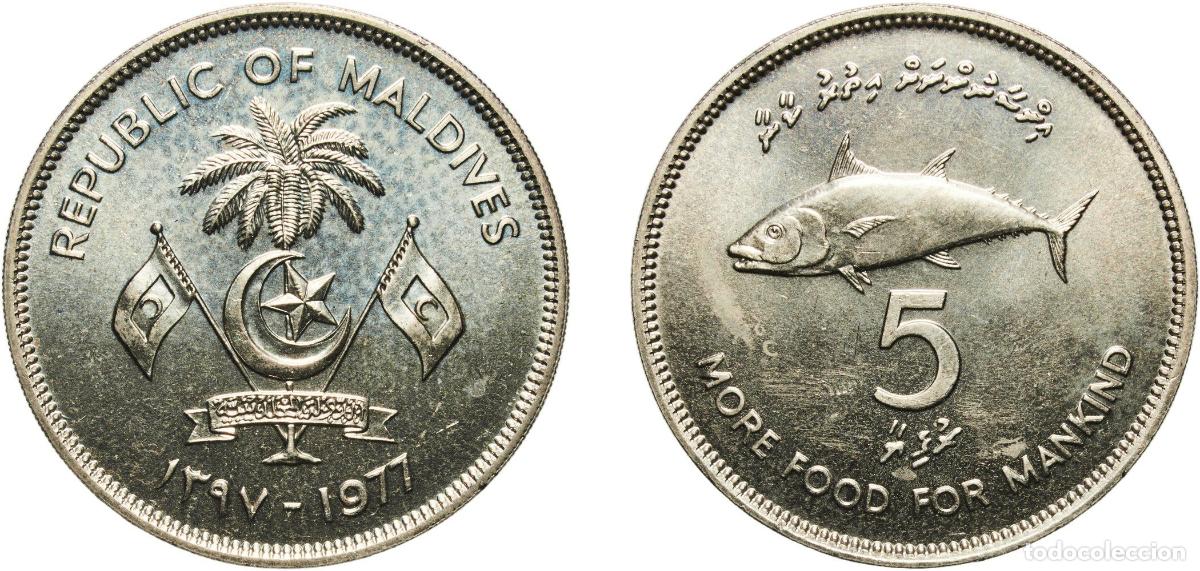 Material numism&aacute;tico: Maldives Second Republic AH1397 (1977) 5 Rufiyaa (FAO) Copper-nickel Royal Mint (15000) 19g UNC K