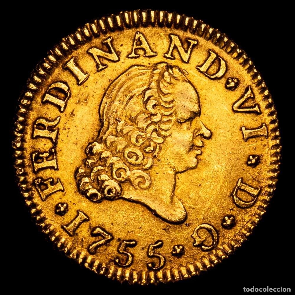 Material numism&aacute;tico: Fernando VI (1746-1759). 1/2 escudo. 1755. Madrid. JB. (Cal-558). Au. 1,81 g. Tercer busto. EBC.