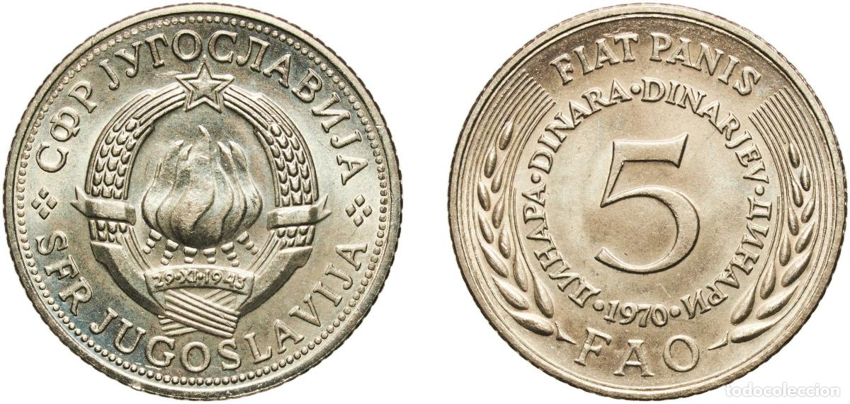Material numism&aacute;tico: Yugoslavia Socialist Federal Republic 1970 5 Dinara (FAO) Nickel brass (70% Cu, 18% Zn, 12% Ni) Bel