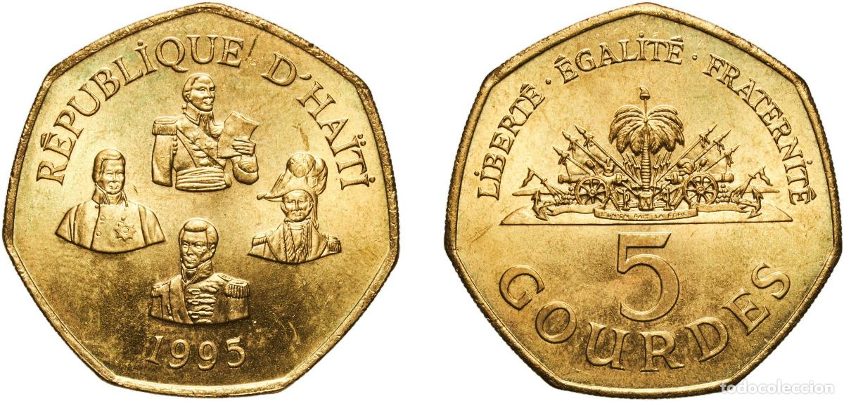 Material numism&aacute;tico: Haiti Third Republic 1995 5 Gourdes Brass plated steel Royal Mint 9.26g UNC KM 156 Sch&ouml;n 110