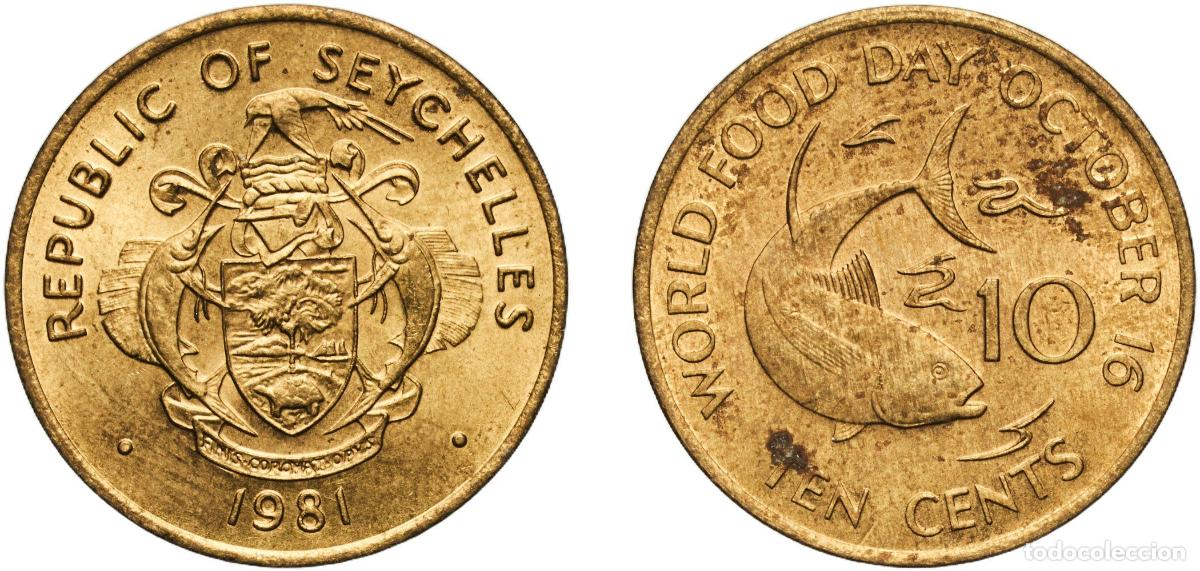 Material numism&aacute;tico: Seychelles Republic 1981 10 Cents (FAO) Brass (64% Copper, 36% Zinc) Royal Mint (145000) 3.34g UNC