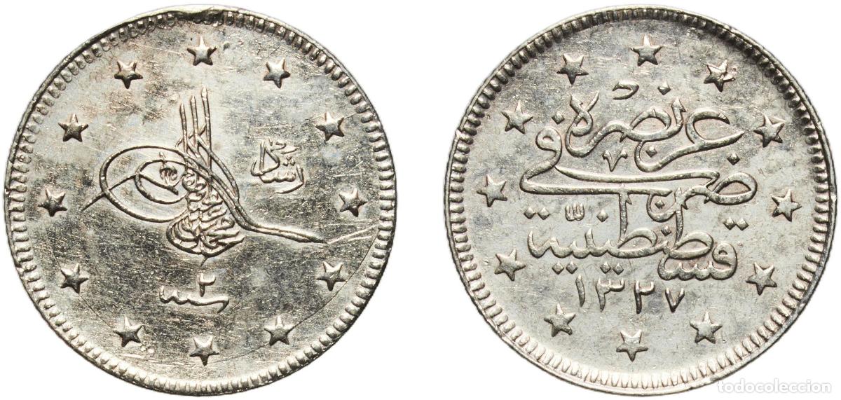 Material numism&aacute;tico: Ottoman Empire AH1327 (1910) ٢ 2 Kurus - Mehmed V (&rdquo;Reshat&rdquo; right of Toughra) Silver (.830) Konstan